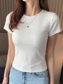 DAZY Women's Round Neck Solid Color Basic White Short Sleeve T-Shirt, Spring/Summer - White - View 4