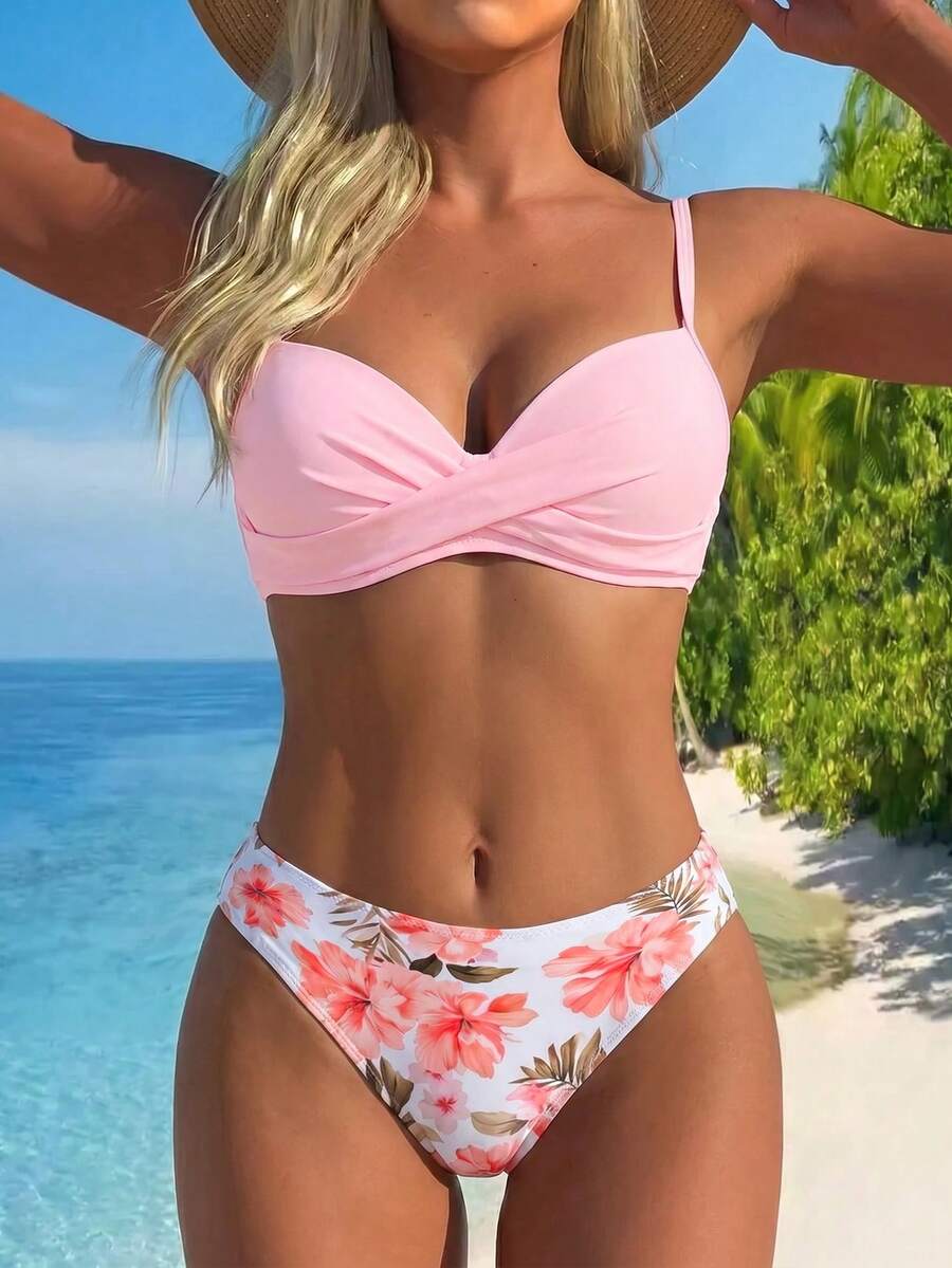 Swim Lushoire Women's Floral Print Cross Wrap Bikini Set, Beach Vacation Style - Multicolor - View 1