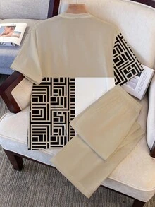 Manfinity Hypemode Bộ đồ ngủ nam họa tiết hình học tối giản, phù hợp mặc ở nhà, quà tặng cho bạn trai/chồng - Màu Khaki - Xem 3