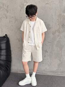SHEIN 2件組兒童青少年男童休閒日常舒適緹花領短袖鈕扣開襟寬鬆襯衫素色短褲梭織兩件套，適合學校、花園、海灘、生日，春夏季 - 白色 - 查看 5