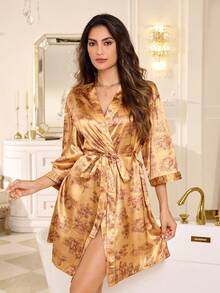 LuxeNights Women's Casual Cherry Plaid Print Open Front Robe - Yellow - View 1