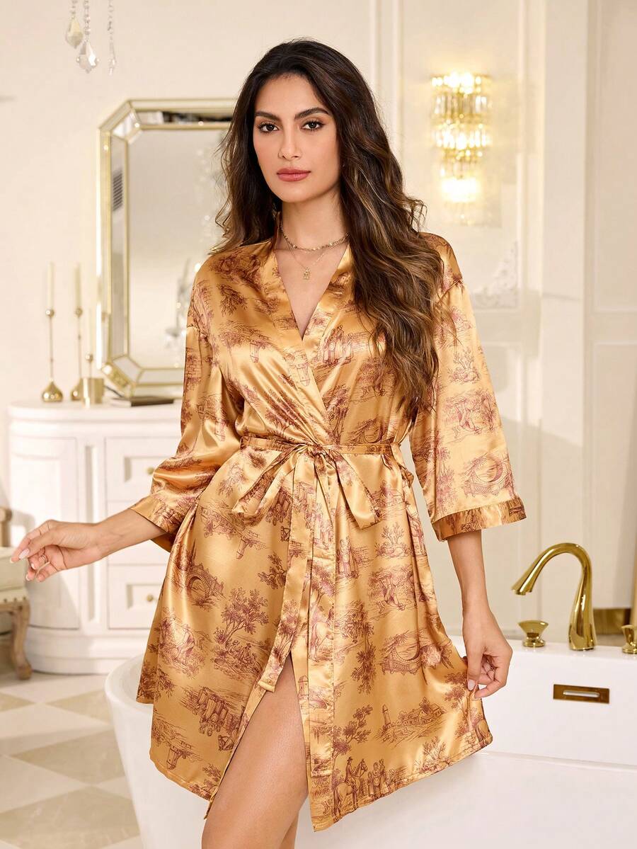 LuxeNights Women's Casual Cherry Plaid Print Open Front Robe - Yellow - View 1