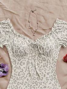 Soleia Áo liền thân tay phồng dáng rộng thoải mái cho nữ, trang phục mùa hè, áo liền thân họa tiết da báo cho nữ - Nhiều màu - Xem 3