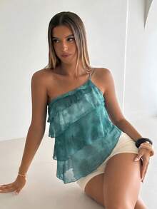Aloruh Atasan Chiffon Berlapis-lapis Tanpa Punggung dengan Satu Bahu, Tanpa Punggung, Model Baru untuk Musim Semi/Panas, Romantis, Kencan, Hari Valentine, Musim Pernikahan, Blouse Ruffle untuk Liburan, Gaya Modis Musim Pernikahan, Elegan dan Romantis. - Kuning - View 8