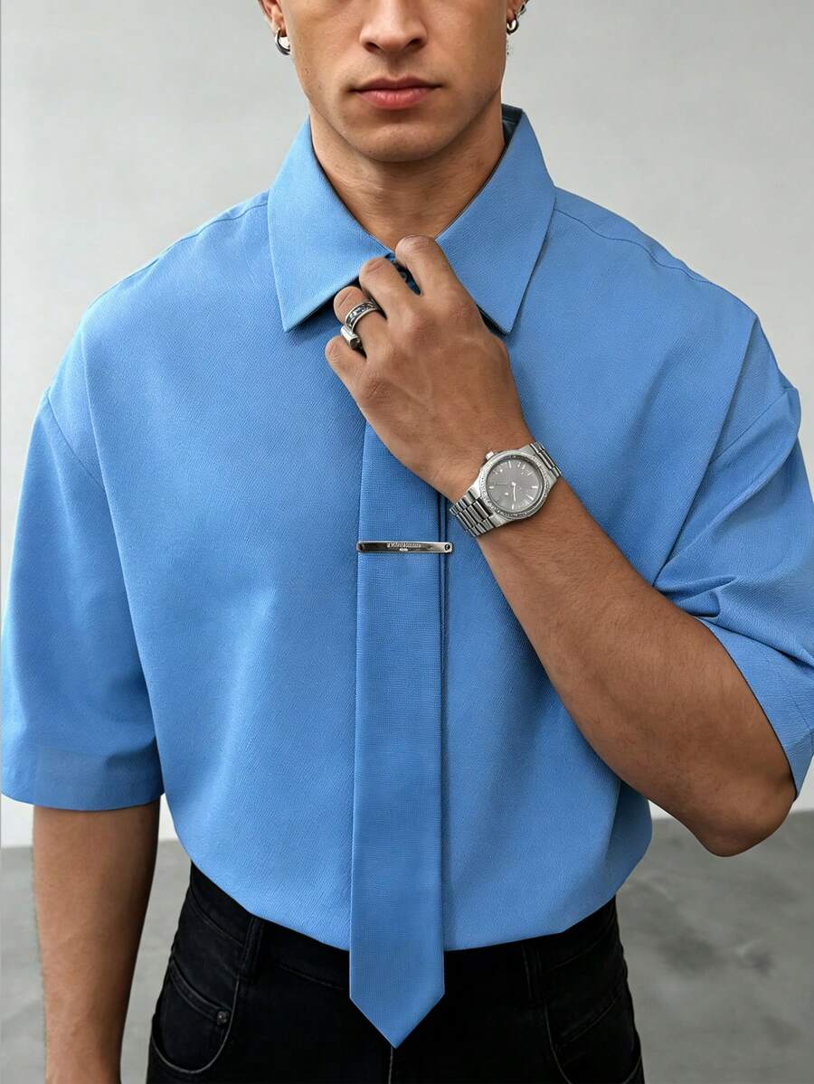 Manfinity Dauomo 休闲时尚百搭男士通勤领带 - 藍色 - 查看 1
