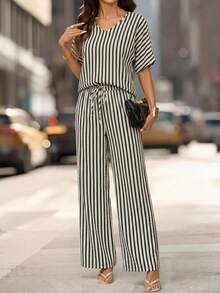 Editum Women's Round Neck Short Sleeve Loose Top Brown Textured Fabric Wide Leg Pants Solid Color Elegant Daily Street Vacation Commute Spring Summer 2pcs Set - Black and White - View 12