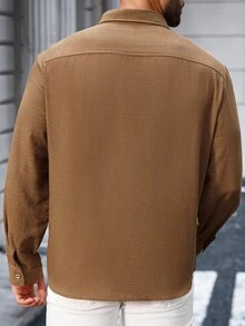 Manfinity CasualCool 男士大尺碼春秋休閒度假日常通勤簡約百搭純色長袖襯衫，儀式感 - 棕色 - 查看 2