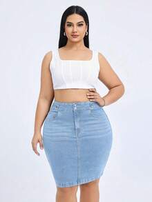 Flexra Plus Size Solid Stretchy Knit Color Denim Bodycon Skirt With Pockets, Summer Formal Light Blue Casual - Light Wash - View 6