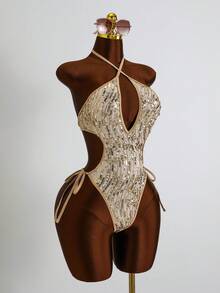Costavie Glamour One-Piece Spring/Summer Vacation Sequin Textured Fabric Halter Neck Sexy Bikini Women's Swimsuit - Gold - View 4