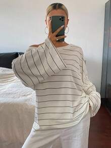 DAZY 女式条纹不对称领口宽松休闲街头风格T恤秋季上衣 - 黑與白 - 查看 6