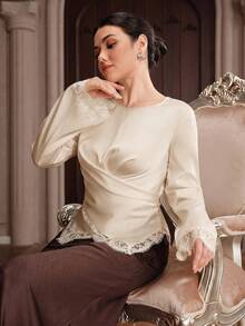 Graceveil Women's Round Neck Solid Color Lace Patchwork Slim Fit Elegant Blouse - Apricot - View 7