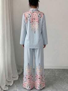 Modelyn 两件套女士碎花单排扣上衣和裤子休闲日常穿着套装 - 淺藍色 - 查看 2