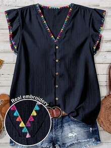 EMERY ROSE Plus Size Summer Casual Embroidered Cap Sleeve Shirt - Navy Blue - View 1