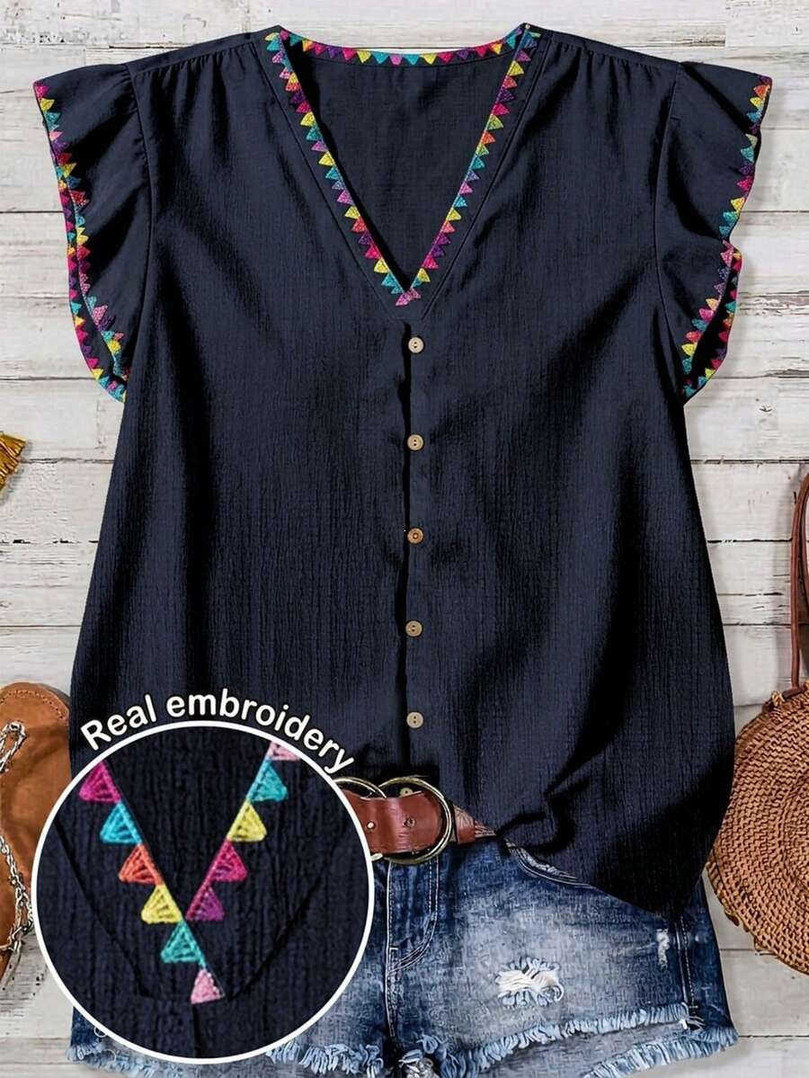 EMERY ROSE Plus Size Summer Casual Embroidered Cap Sleeve Shirt - Navy Blue - View 1