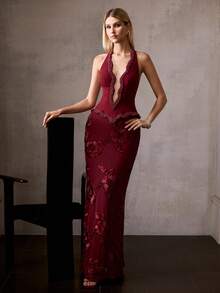MOTF Soiréza ELEGANT WOMEN'S SLEEVELESS HALTER NECK MAXI PARTY GOWN WITH WAVY DEEP V-NECKLINE, PEARL EMBELLISHMENTS AT NECKLINE, UPPER BODY & HEM, 3D FLORAL APPLIQUE FABRIC WITH INTRICATE PATTERNS AT SKIRT - Burgundy - View 4