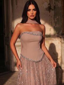 Glamrae Elegant Queen Princess Luxurious Handmade Diamond Pearl Sequin Mesh Patchwork Knit Maxi Dress Chiffon Flounce Graduation Formal Gala Dinner Pink Fall - Dusty Pink - View 6