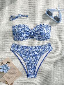 Swim Mod 女款泳衣，女孩鏤空荷葉邊花瓣邊飾抹胸，甜美可愛，碎花印花，紋理羅紋面料 - 藍白色 - 查看 2