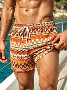 Manfinity Swimmode 男士抽繩腰撞色休閒度假沙灘短褲 - 棕色 - 查看 5