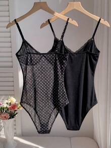 Comfortcana Women's Polka Dot Lace Bodysuit 2 Pieces Set, Summer Outfits , Summer Clothes - Black - View 2
