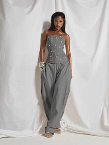 MUSERA Crystal Teardrop Embellished Boned Corset Bandeau Top Cute Summer Spring Going Out Occasion Embellished Elegant - Grey - View 3