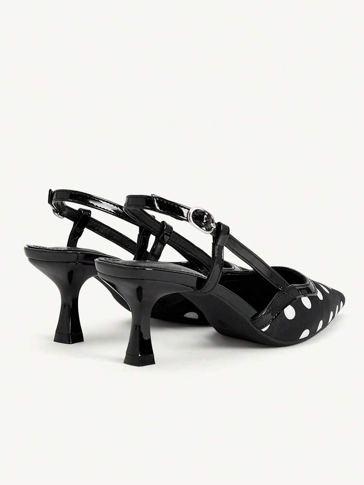 CUCCOO CHICEST Black Background White Polka Dot Pointed Back Empty High-Heeled Shoes. It Comes With A Rich French Retro Hong Kong Style Temperament, Both Elegant Femininity And A Sense Of Light And Familiar Atmosphere. It Is The Finishing Touch Of Retro Style Wear. The Upper Is Made Of Satin Textured Fabric With Classic Black And White Polka Dot Pattern, Which Is Soft And Shiny, Retro And Durable; The Edge Of The Toe And The Heel Strap Are Spliced With Glossy Patent Leather, And The Lines Are Neat And Exquisit