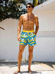 Manfinity Swimmode Celana Pendek Pantai Pria Motif Pisang untuk Liburan Musim Panas / Pantai / Hawaii / Tropis / Berenang / Mandi - Royal Blue - View 3