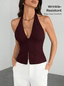 SHEIN Tall 女款 V 領酒紅色純色休閒梭織上衣 性感通勤夜店風 復古教師風 夏季 - 酒紅色 - 查看 8
