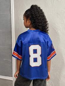 Tween Girls Royal Blue Sporty V-Neck Polyester Jersey With Patched Details And Short Sleeves - Royal Blue - View 2