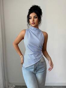 Rafferiza Áo tank top nữ màu đỏ chấm bi, dáng ôm, vạt bất đối xứng - Xanh và trắng - Xem 4