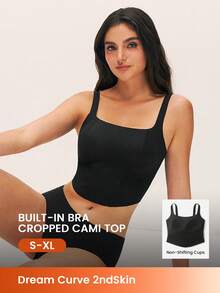 LUVLETTE Bra Tanpa Kawat Tanpa Jahitan 2-in-1 Model Leher Persegi Terintegrasi, Cami Tanpa Punggung, Bra Santai Panjang, Atasan Tank Top Hitam Dasar - Hitam - View 1