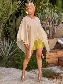 Vixey Top cape en mousseline texturée transparente, tenue de villégiature, vacances, tropical, de la plage au dîner, chic de villégiature, prêt pour les vacances, beige, automne, décontracté - Kaki - Voir 3