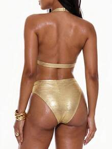 Oceva White Halter Neck Criss-Cross Waist Bikini, Sexy Vacation Style Beach Summer - Gold - View 2