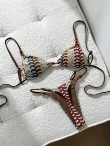 Swim Vcay Set Bikini Wanita Jacquard Musim Semi/Panas dengan Tali Leher Model Halter dan Hiasan Manik-manik - MultiWarna - View 3