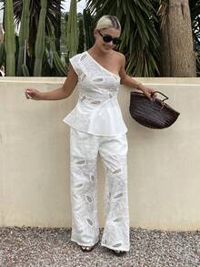Livesso Women's Asymmetric Neckline Waist-Cinched A-Line Hollow Embroidery Top And Loose Long Pants 2 Pieces Set, Vacation Style Summer - White - View 5