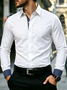 Manfinity Mode Áo sơ mi nam dài tay in họa tiết phối màu, kiểu dáng thường ngày, thích hợp cho công sở, đi làm, màu trắng, áo sơ mi thiết kế, áo sơ mi thời trang, áo sơ mi công sở thường ngày, mùa thu, phong cách quý tộc cổ điển. - trắng - Xem 1