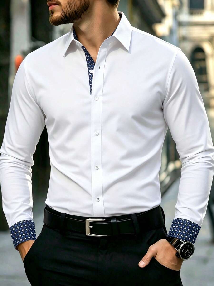 Manfinity Mode Áo sơ mi nam dài tay in họa tiết phối màu, kiểu dáng thường ngày, thích hợp cho công sở, đi làm, màu trắng, áo sơ mi thiết kế, áo sơ mi thời trang, áo sơ mi công sở thường ngày, mùa thu, phong cách quý tộc cổ điển. - trắng - Xem 1