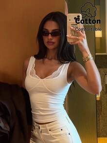 Lumalex Áo tank top nữ màu trơn cổ chữ U không tay ôm sát, phối ren, thích hợp cho mùa hè. - trắng - Xem 4