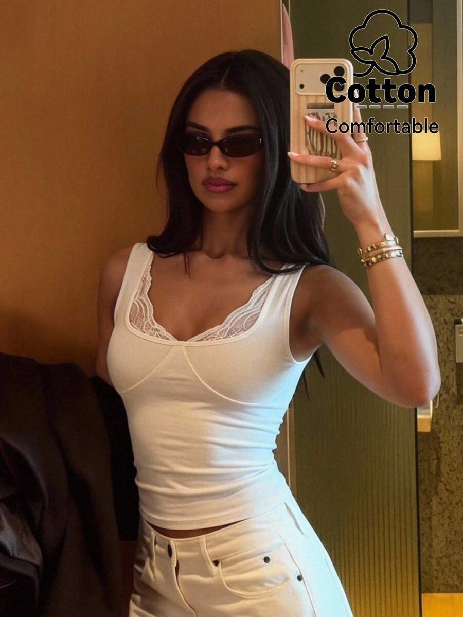 Lumalex Áo tank top nữ màu trơn cổ chữ U không tay ôm sát, phối ren, thích hợp cho mùa hè.