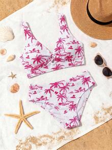 Swim Vcay 女款熱帶植物印花前打結抓皺背心上衣與三角比基尼泳褲套裝，適用於度假、海灘與海邊 - 玫紅色 - 查看 6