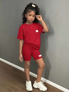 SHEIN 青少年女孩休閒時尚街頭風寬鬆T恤與緊身單車褲兩件組 - 紅色 - 查看 2