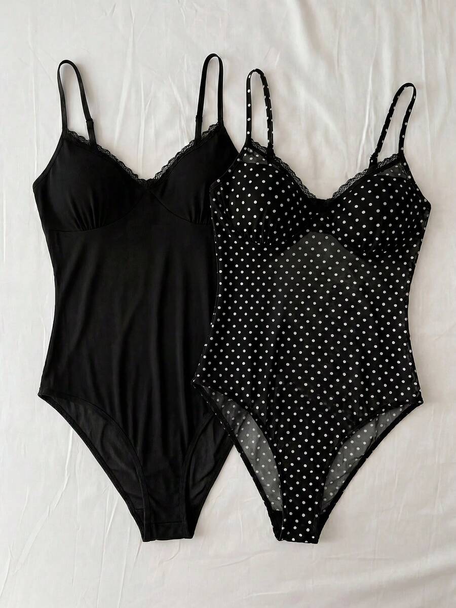 Comfortcana Women's Polka Dot Lace Bodysuit 2 Pieces Set, Summer Outfits , Summer Clothes - Black - View 1