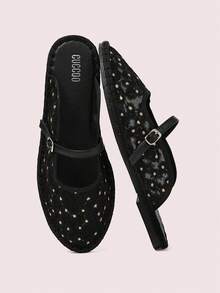 CUCCOO DOLLMOD Women's Shoes Round Toe Spring And Summer New Black Mesh Daisies With Fashionable And Versatile Daily Wear Flat Shoes - Black - View 1