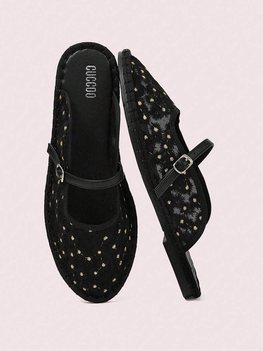 CUCCOO DOLLMOD Women's Shoes Round Toe Spring And Summer New Black Mesh Daisies With Fashionable And Versatile Daily Wear Flat Shoes - Black - View 1