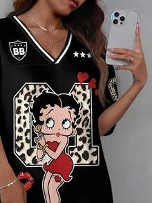 Slaydiva Betty Boop x SHEIN Plus Size Women's Digital Leopard Print V-Neck Loose Casual Dress Suitable For Summer Back-To-School Cycling Holiday Black - Multicolor - View 4