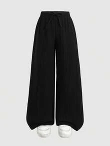 SHEIN 青少年女孩皺褶面料寬鬆長褲 - 黑色 - 查看 5