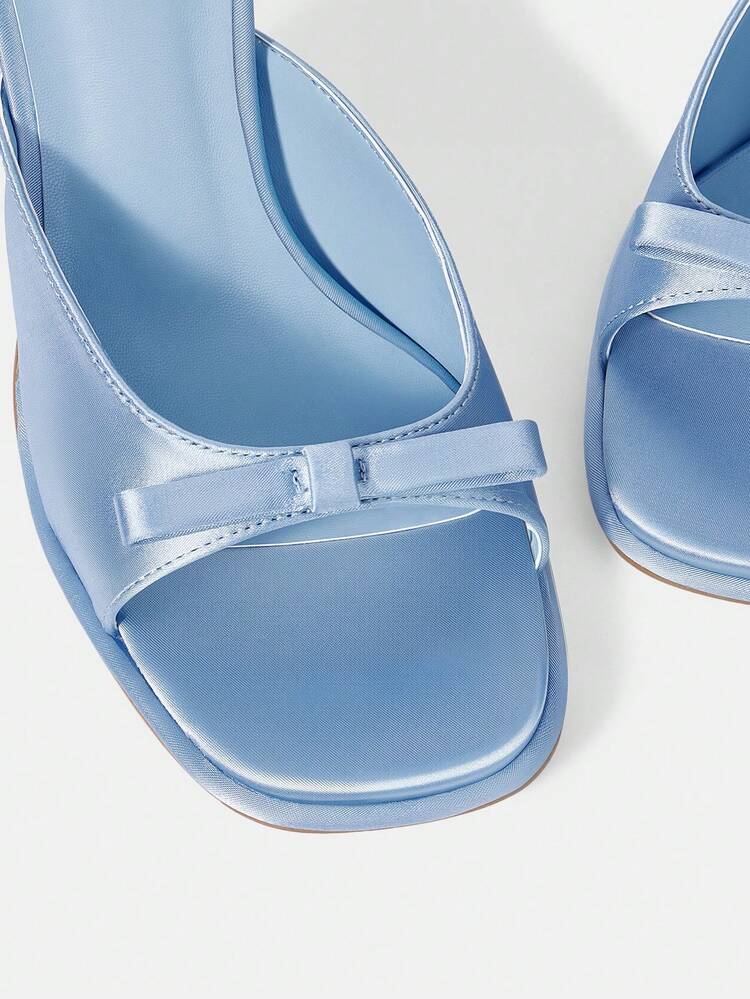 BOW DECOR MULE SOLID HEELED SANDALS VACATION SHOES, FOR SUMMER NEW YEAR HOLIDAY, SPRING SHOES, SPRING BREAK EASTER PROM HEELS FOR CHRISTMAS