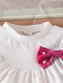 Elladie kids Young Girls Ivory Knit Short Sleeve Ruffle Bow T-Shirt & Pleated Beaded Half Skirt 2-Piece Set,7th Birthday Summer Casual Outfit For Toddler Girls - Hot Pink - View 7
