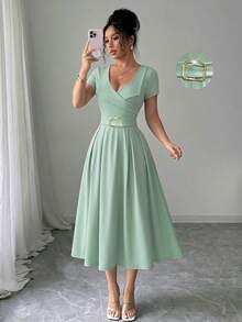 Elenzga Mint Green Solid Color Collar Waist Flared Dress,Elegant Flattering Silhouette,Sage Green,Summer,Elegant,Tea Party Summer Dress For Date,Workplace - Mint Green - View 1