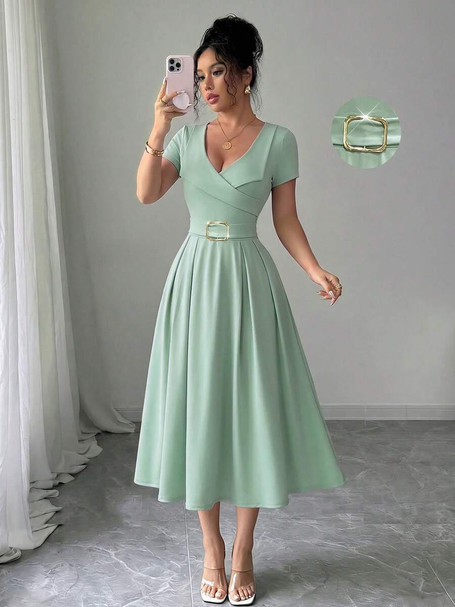 Elenzga Mint Green Solid Color Collar Waist Flared Dress,Elegant Flattering Silhouette,Sage Green,Summer,Elegant,Tea Party Summer Dress For Date,Workplace - Mint Green - View 1