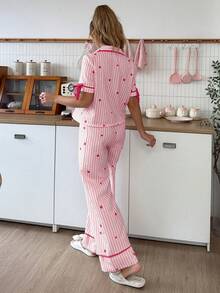 SweetSlumber Striped Heart Print Lapel Front Opening Bow Tie Short Sleeve Women's Pajama Set - Multicolor - View 2